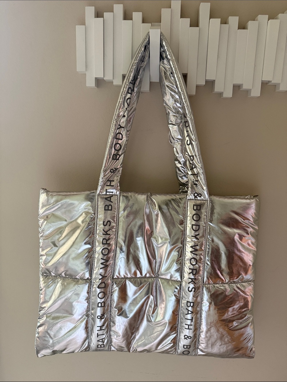 Bath & Body Works Metallic Silver Puffer Tote Bag NWT Quilted Shopper Large